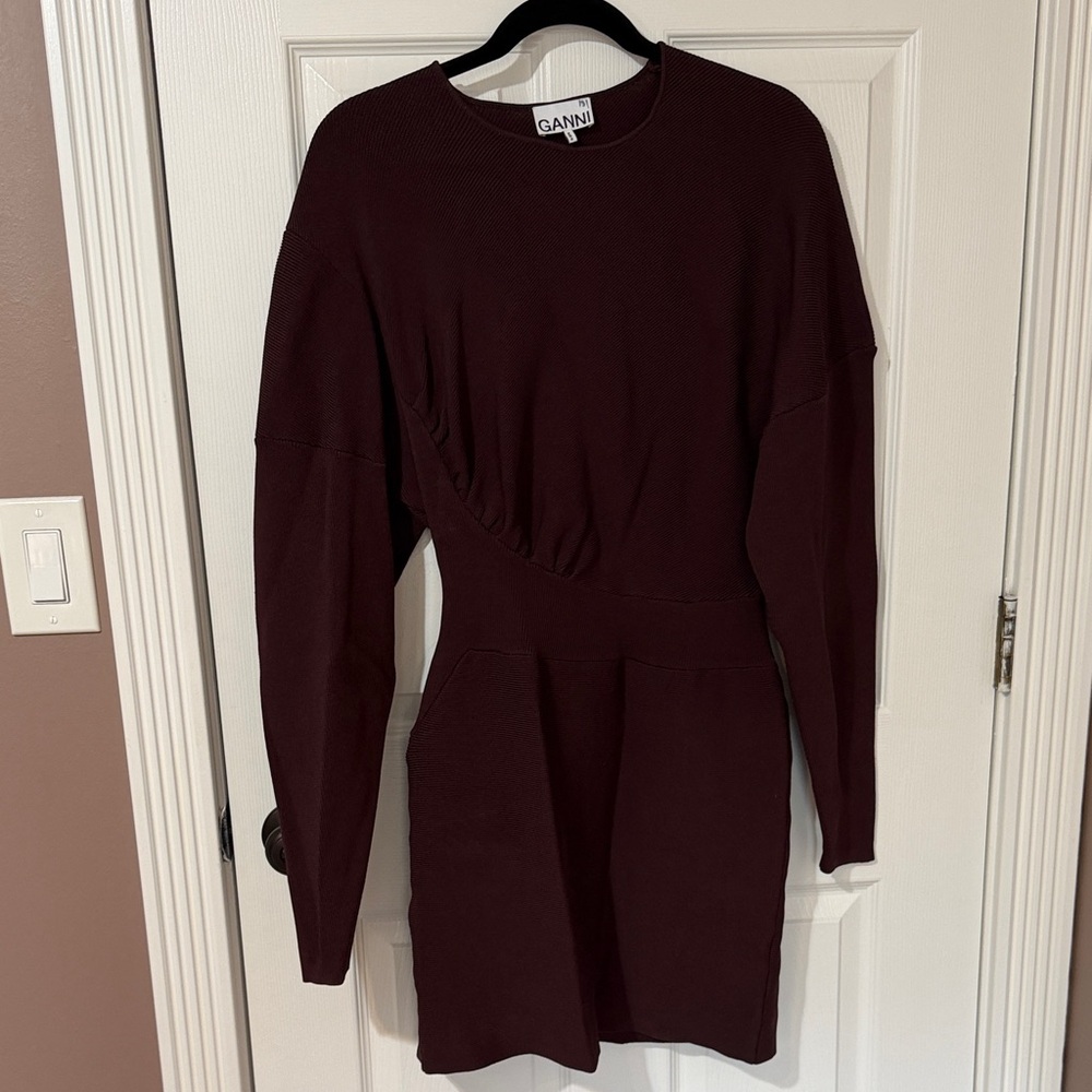 Ganni Wine Long-Sleeve Knit Dress